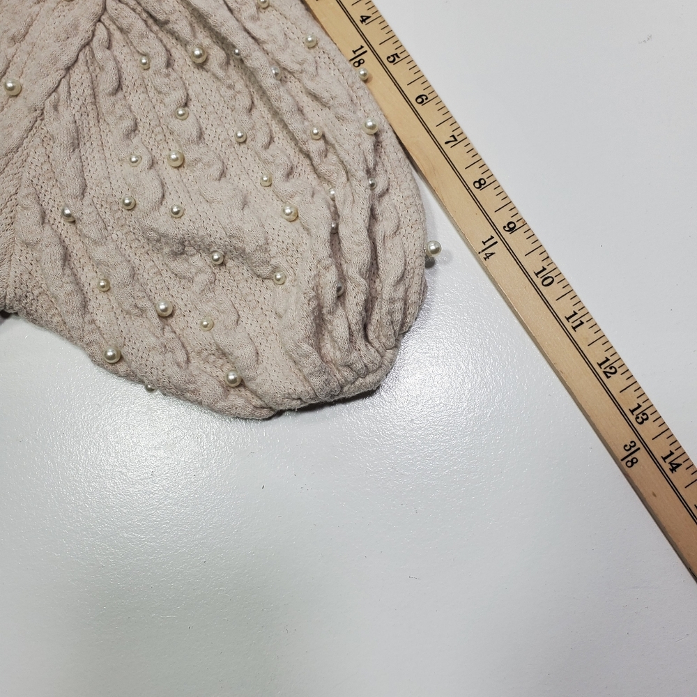 Zara Top women Puff Sleeves Knit Sweater Cream Textured Pearls Medium Preppy - Picture 8 of 8